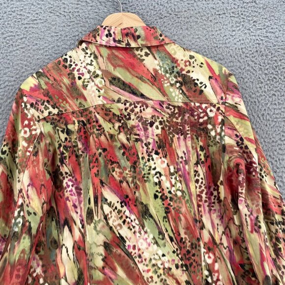 Chicos Jacket Womens 1 US Medium Green Red Multi Animal Print Shimmer Button Up - Picture 4 of 9